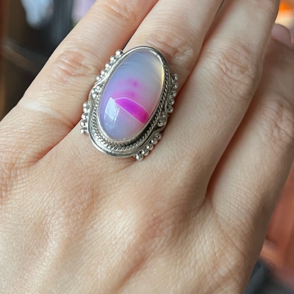 925 stamped Sterling Silver Ring and Pink Agate Ring - Picture 8 of 10